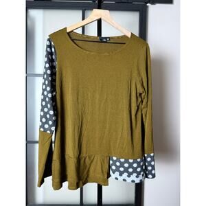 Mixed-Print Long-Sleeve Peplum Blouse in Olive Green by Lisa Bayne